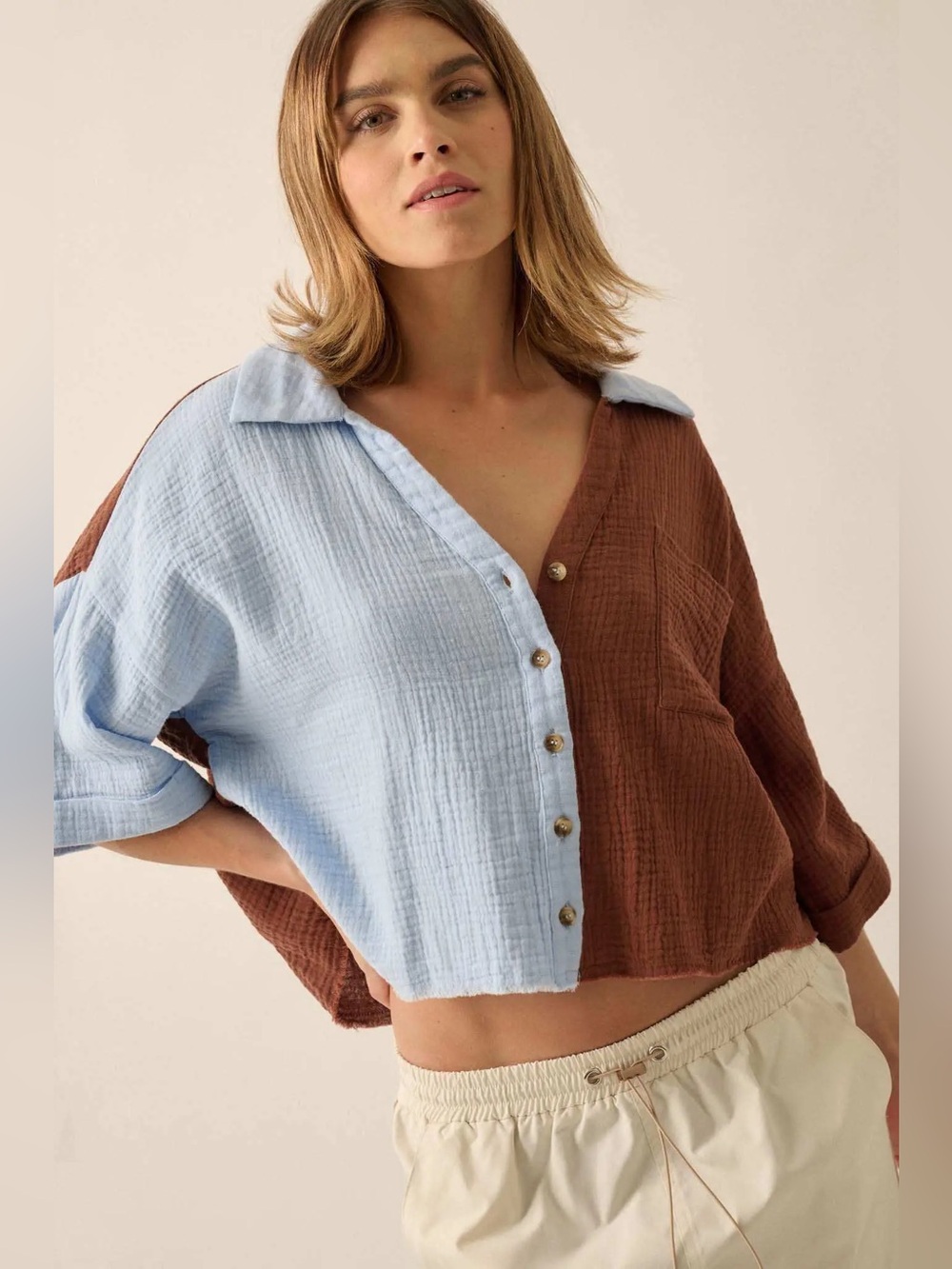 PROMESA Better Half Colorblock Crinkle Cotton Pocket Shirt in Chambray